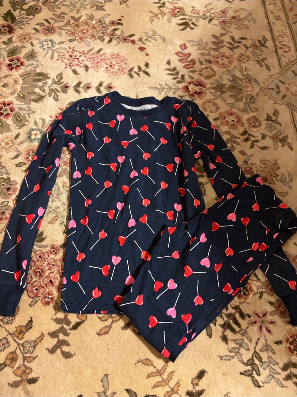 Old Navy Navy Pajama Set with Red and Pink Heart Lollipops